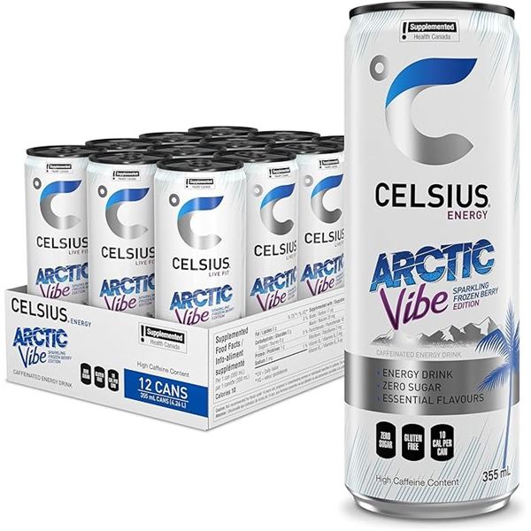 Celsius Arctic Vibe Zero Sugar Energy Drinks; Sparkling Frozen Berry Edition (12 x 355ml Cans) New