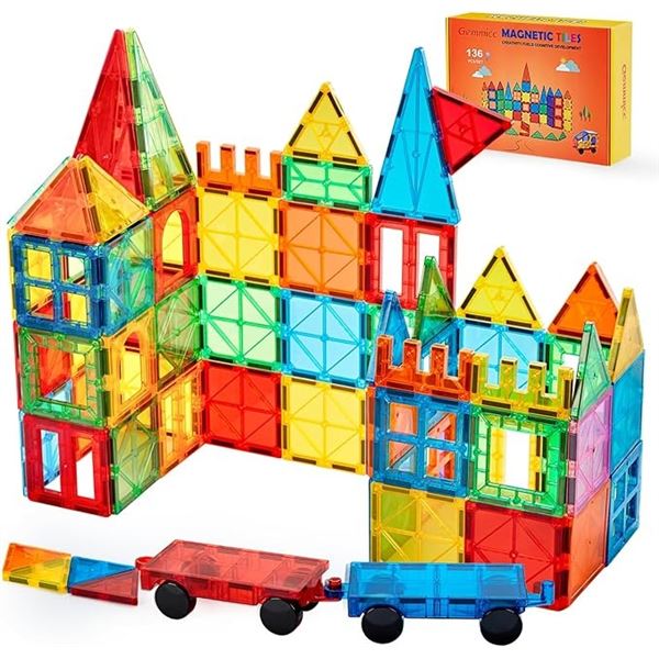 136PC Magnetic Tiles STEM Toy Building Tiles Set - New (Dmg Box*)