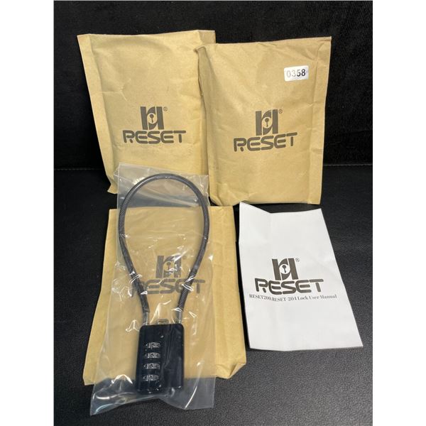 Lot of 3 RESET 4-Digit Combination Padlocks with 12" Cable - Brand New