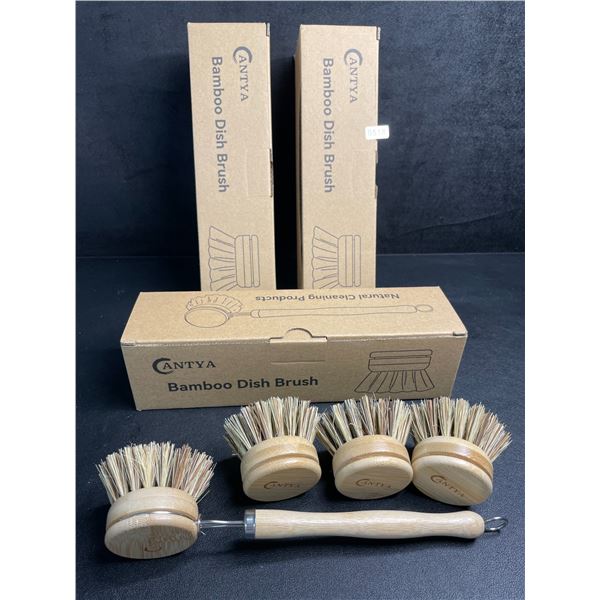 Lot of 3 Bamboo Dish Brushes with Extra Cleaning Brush Heads - Brand New