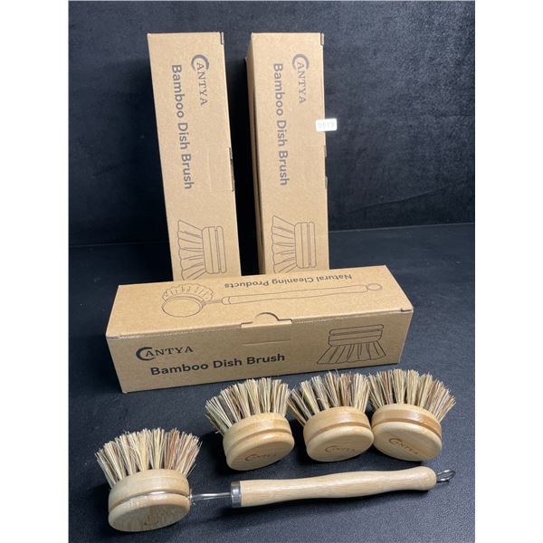 Lot of 3 Bamboo Dish Brushes with Extra Cleaning Brush Heads - Brand New