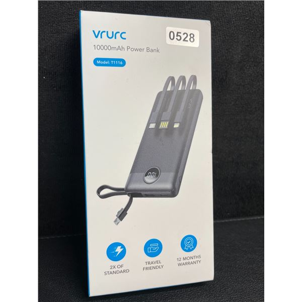 VRURC 10,000mAh Power Bank/Portable Charger w/ Built-In Charging Cables - New