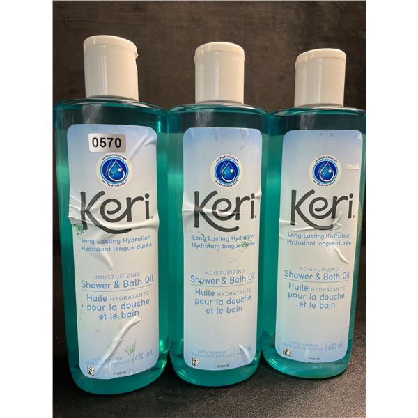 Lot of 3 Keri Long Lasting Hydration Moisturizing Shower & Bath Oils (450ml) - New