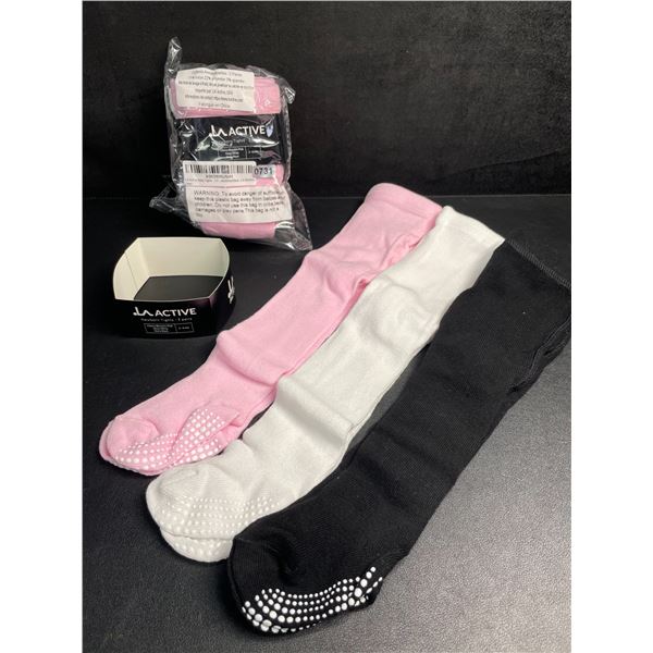 6-Pairs of LA Active Newborn Tights for Baby Girls (Fits 3-6months) Pink/Black/White - New