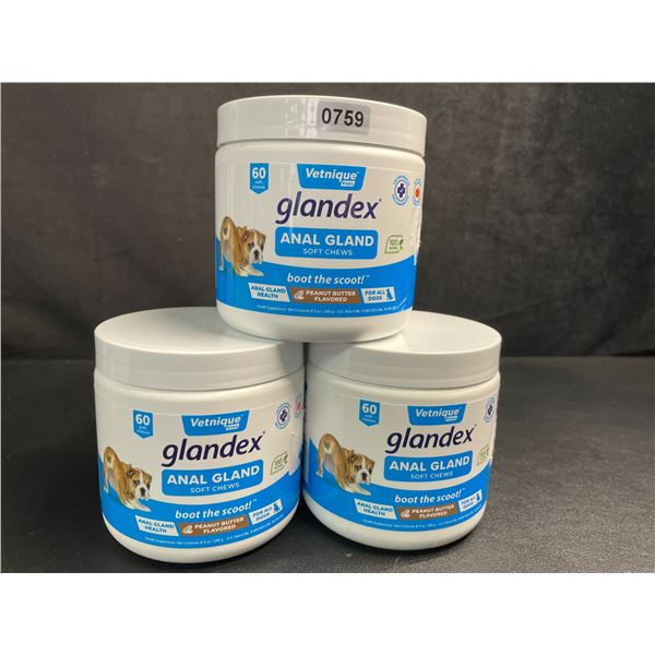 3 Tubs of Vetinique Labs Glandex Anal Gland Soft Chews for Dogs (60pc) Peanut Butter Flavor - New