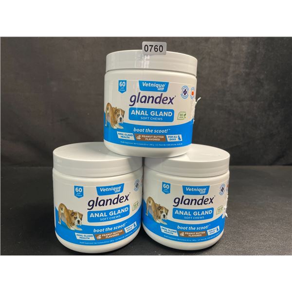 3 Tubs of Vetinique Labs Glandex Anal Gland Soft Chews for Dogs (60pc) Peanut Butter Flavor - New