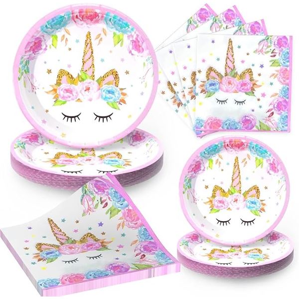 Lot of 2 Pink Unicorn Party Decoration/Birthday Sets (96PCS Each) Plates/Napkins/Tablecloth - New