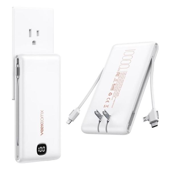 Veektomx 10,000mAh Slim Power Bank/Portable Charger w/ Built-In Cables & Wall Plug - New Sealed!