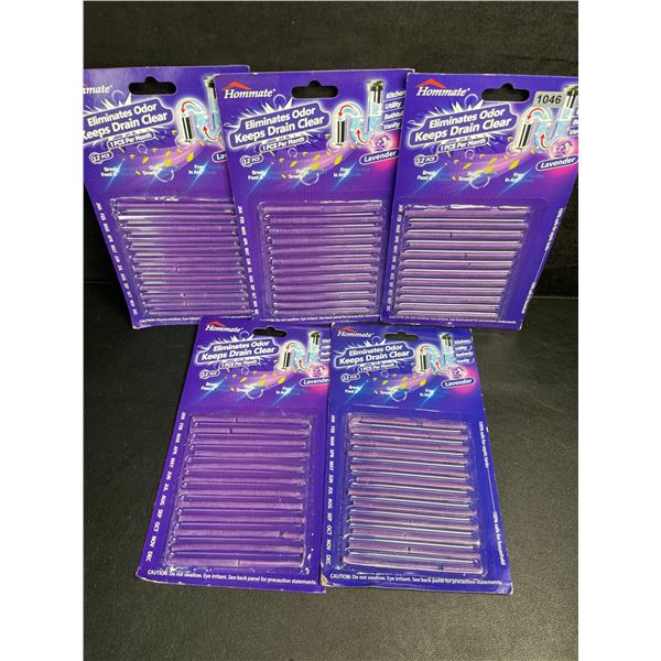 5 Packs of Hommate Drain Sticks (12pcs Each) Eliminates Odors & Keeps Drains Clear (Lavender) New