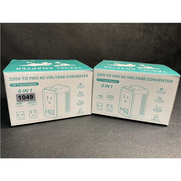 Lot of 2 Travel Adapters; 6-in-1 220V to 110V AC Voltage Converters w/ USB-C & USB-A Ports - New
