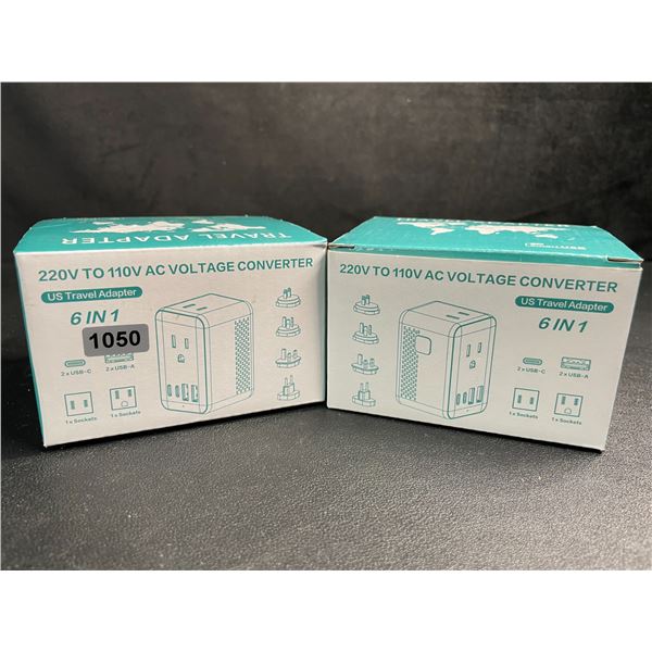 Lot of 2 Travel Adapters; 6-in-1 220V to 110V AC Voltage Converters w/ USB-C & USB-A Ports - New