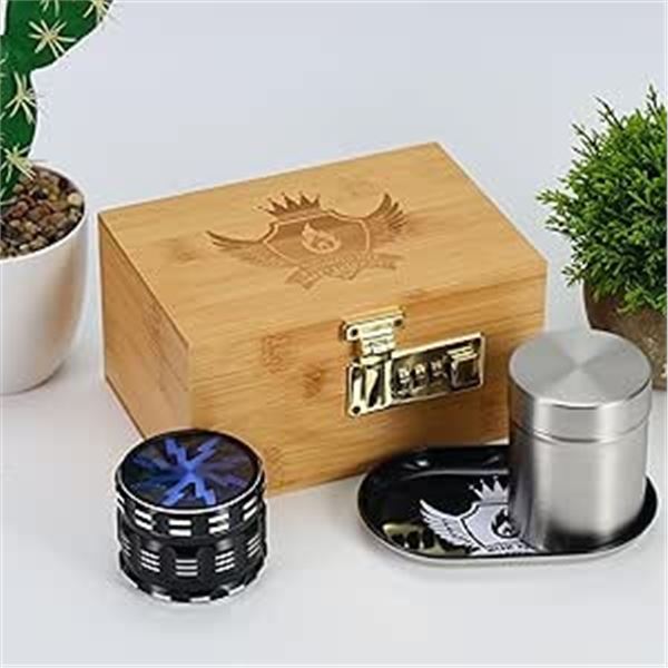 BloomFlower Lockable/Smell Proof Weed Stash Box - Includes Grinder, Tray, and Storage Jar - New