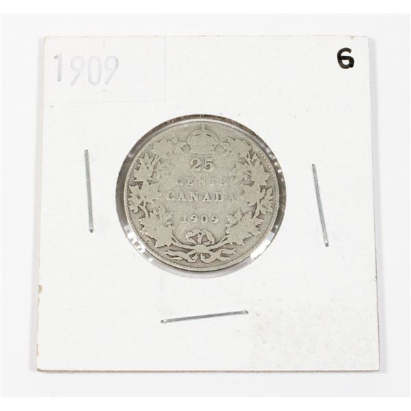 1909 CANADIAN 25 CENT 92.5% SILVER .1728 OZ SILVER