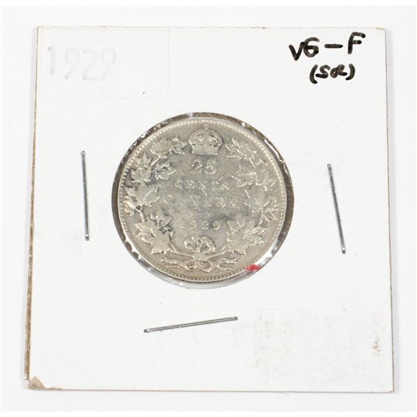 1929 CANADIAN 25 CENT 80% SILVER .15 OZ SILVER