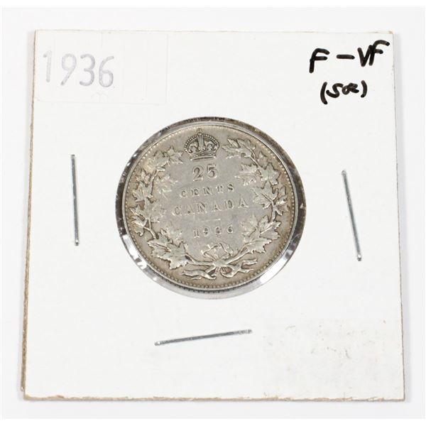 1936 CANADIAN 25 CENT 80% SILVER .15 OZ SILVER