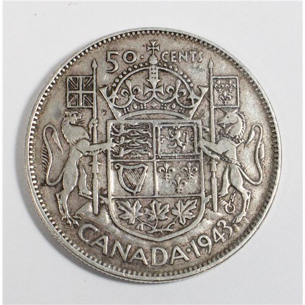 1943 CANADA HALF DOLLAR CIRCULATED SILVER COIN.