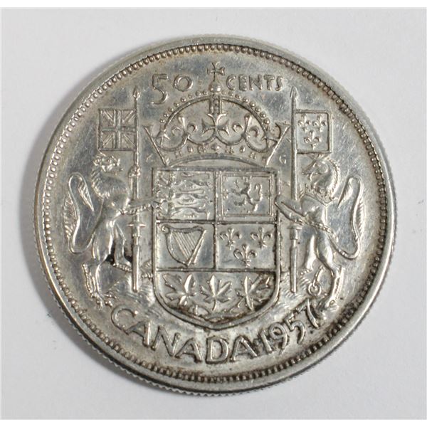 1957 CANADA HALF DOLLAR CIRCULATED SILVER COIN.