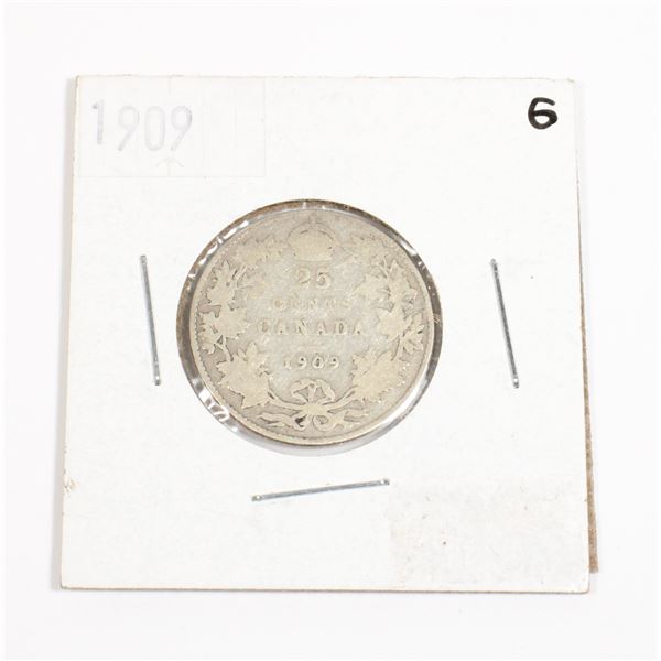 1909 CANADA 25 CENT 92.5% SILVER .173 TROY OZ.