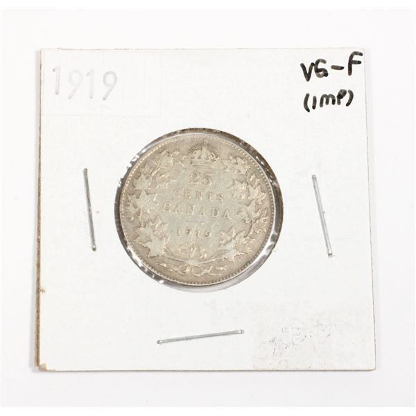 1919 CANADA 25 CENT 92.5% SILVER .173 TROY OZ.