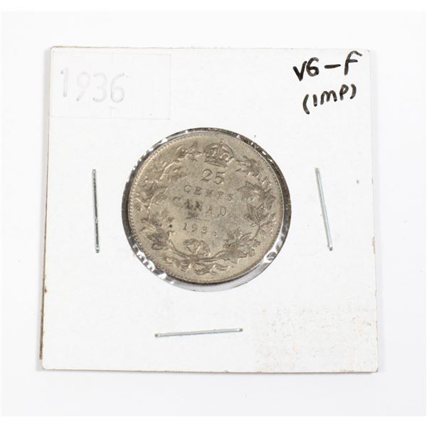 1936  CANADA 25 CENT 80%  .15 TROY OZ SILVER