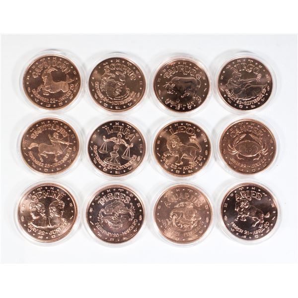 12 1 OZ COPPER ROUNDS COMPLETE ZODIAC SET IN