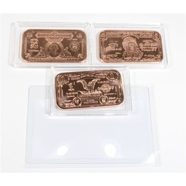 THREE 1 OZ COPPER BARS IN CAPSULES. ALL DIFFERENT
