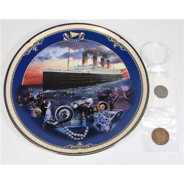 TITANIC COLLECTOR LOT, COLLECTOR PLATE AND TWO COINS FROM THE YEAR IT SANK