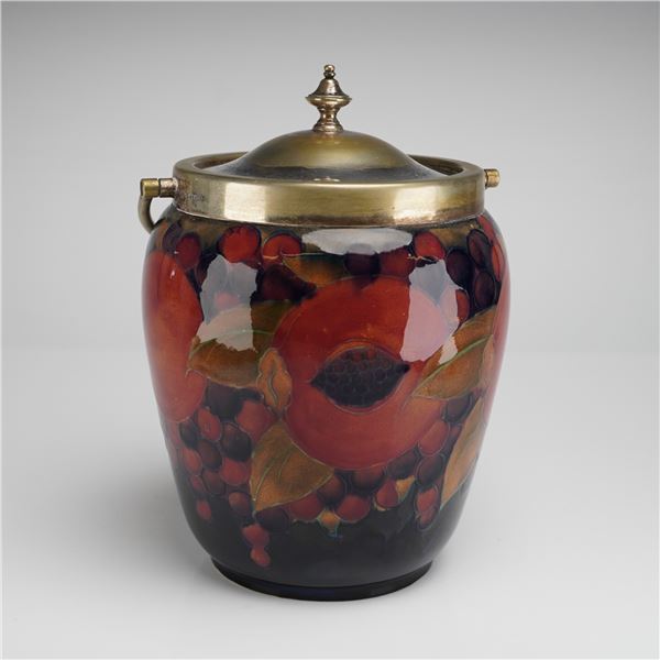 Moorcroft by William Moorcroft Silverplated Biscuit Barrel, Pomegranate