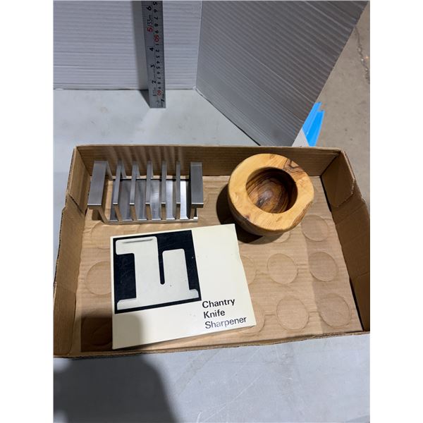 Knife, sharpener, wood carved bowl and other items