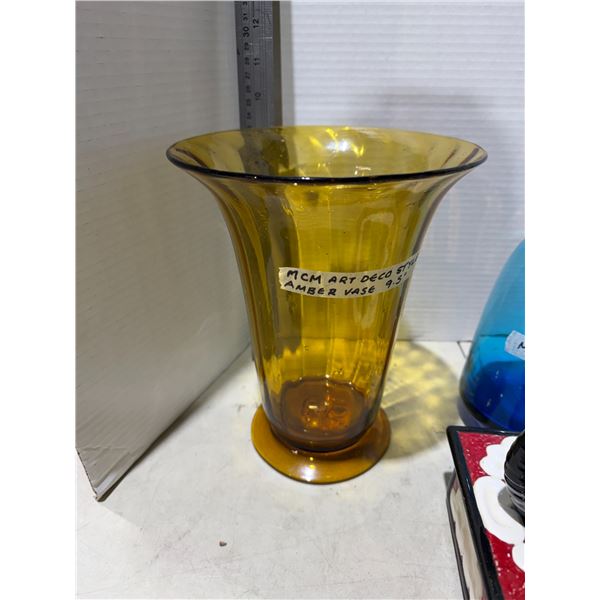 MCM art deco style Amber vase 9.5 inches
