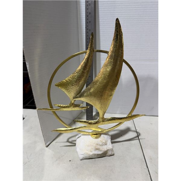MCM brass sailboat sculpture marble base, 14.75 inches