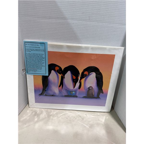 Three Penguins and a baby artist, Charles Lynn CHICK  BRAGG limited edition print 210/300