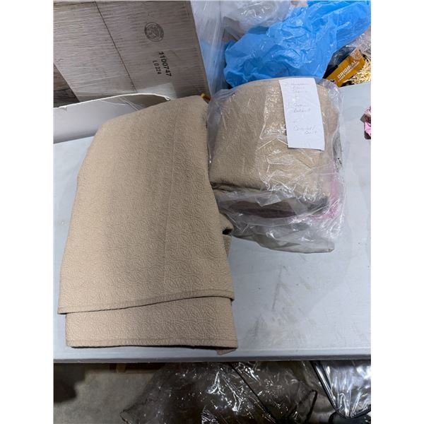 Two European pillow shams, one queen, bed skirt and coverlet quilt