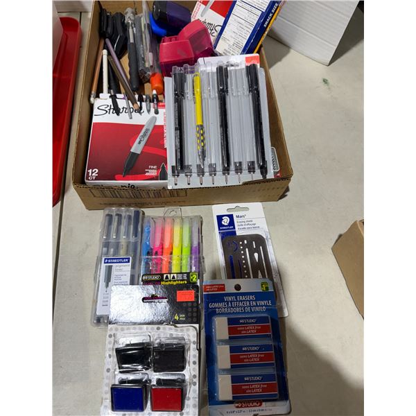 Assorted pens, erasers, erasing, shield, etc.