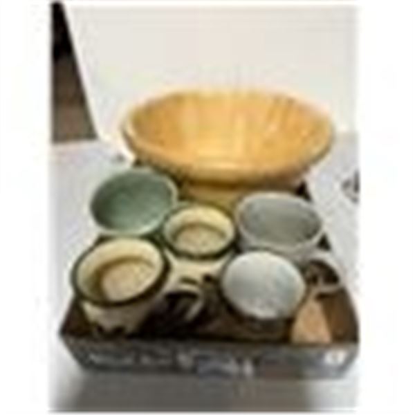 Pottery, mugs, and wooden bowl