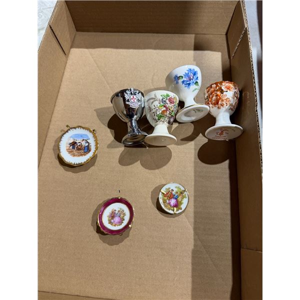 Assorted egg cups, Royal doulton, and other Limoge small decor plates