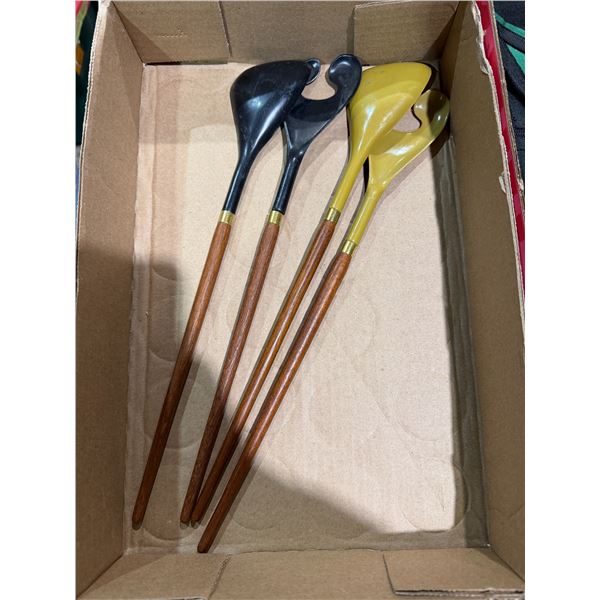 vintage mid-century modern salad servers, likely made by Helge Benzin for Astrid Wessels in Denmark,