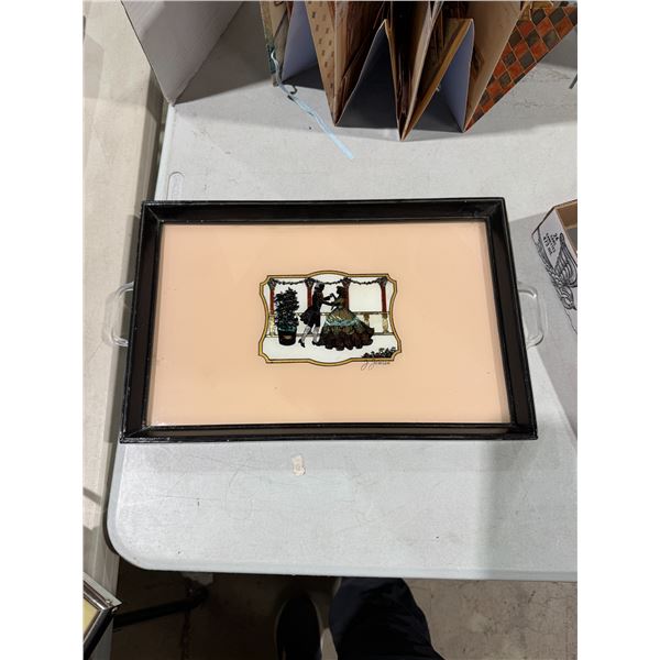 vintage J Jensen reverse foil silhouette tinsel painting tree measures 17" x 11"