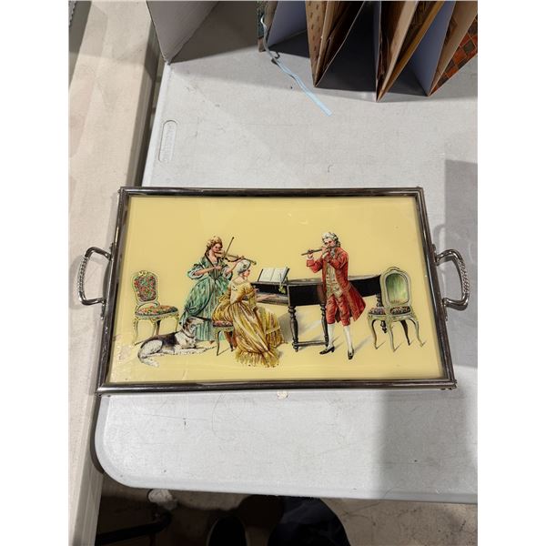 Beautiful Vintage Hand Painted Metal Tray with 19th Century Scene measures 18 inches handled to hand