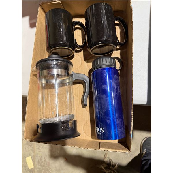 Coffee, press, mugs, and water bottle