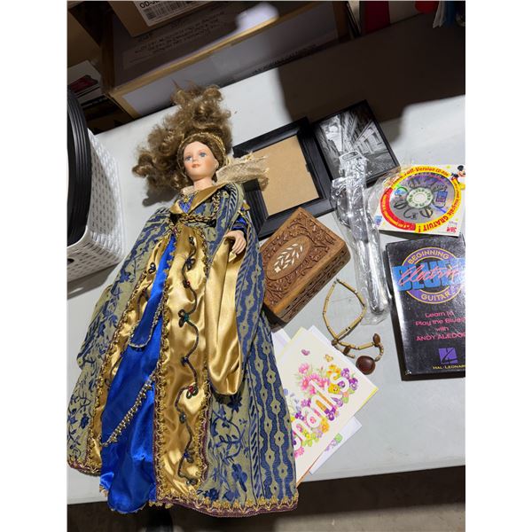 miscellaneous lot carved box frame guitar, VHS and other items