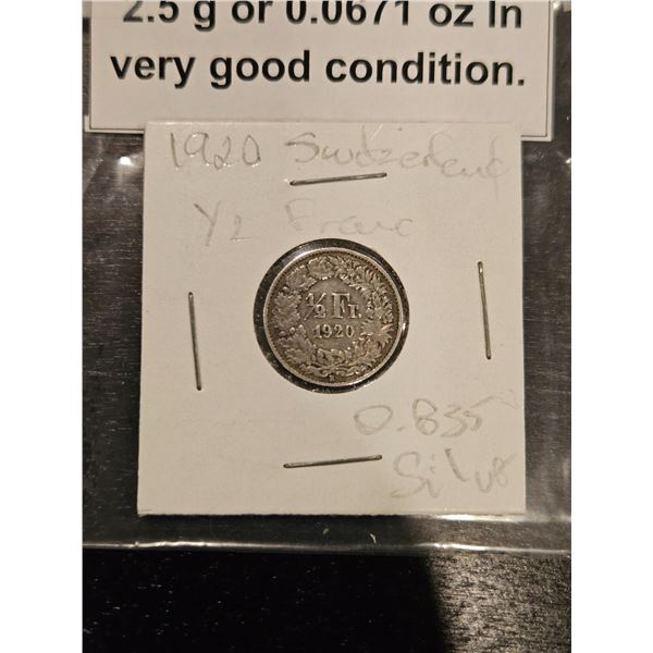 1920 Switzerland 1/2 Francs 83% Silver
