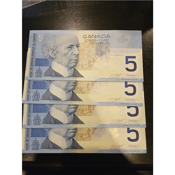 4x 2001 $5 Canadian bills