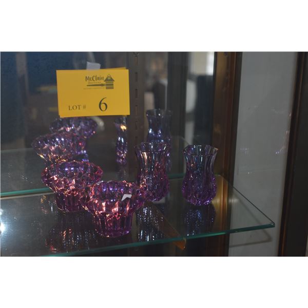 CRYSTAL E'ARGRES TEA LIGHT TAPER CANDLE HOLDERS & PURPLE VASES (4 PCS)