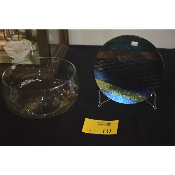 KURT MCVAY DICHROIC IRIDESCENT FUSED ART GLASS PLATE & ETCHED GLASS BOWL (2 PCS)