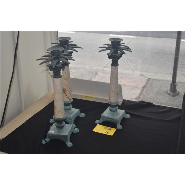 VINTAGE PALM TREE CANDLESTICK HOLDERS W/MARBLE COLUMNS (3 PCS)