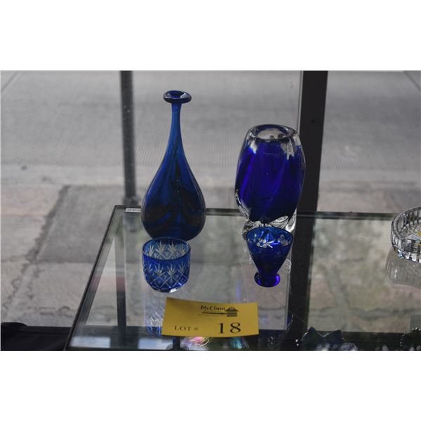 HAND BLOWN ART GLASS VASE, COBALT VASE & SMALL CUPS (4 PCS)