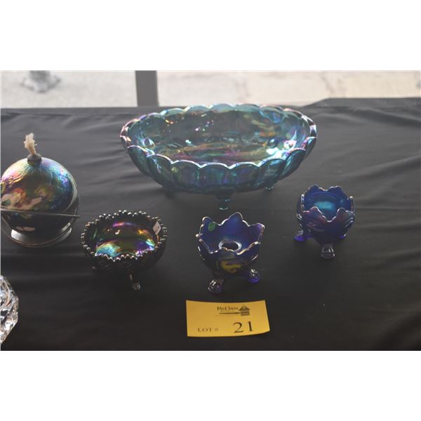 ART GLASS OIL LAMP ON STAND, VINTAGE BLUE IRIDESCENT CARNIVAL GLASS FOOTED BOWL "HARVEST GRAPE PATTE