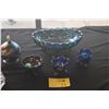 Image 1 : ART GLASS OIL LAMP ON STAND, VINTAGE BLUE IRIDESCENT CARNIVAL GLASS FOOTED BOWL "HARVEST GRAPE PATTE