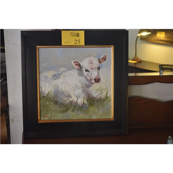FRAMED OIL PAINTING, COW; BY LINDA ST. CLAIR (20" X 20")